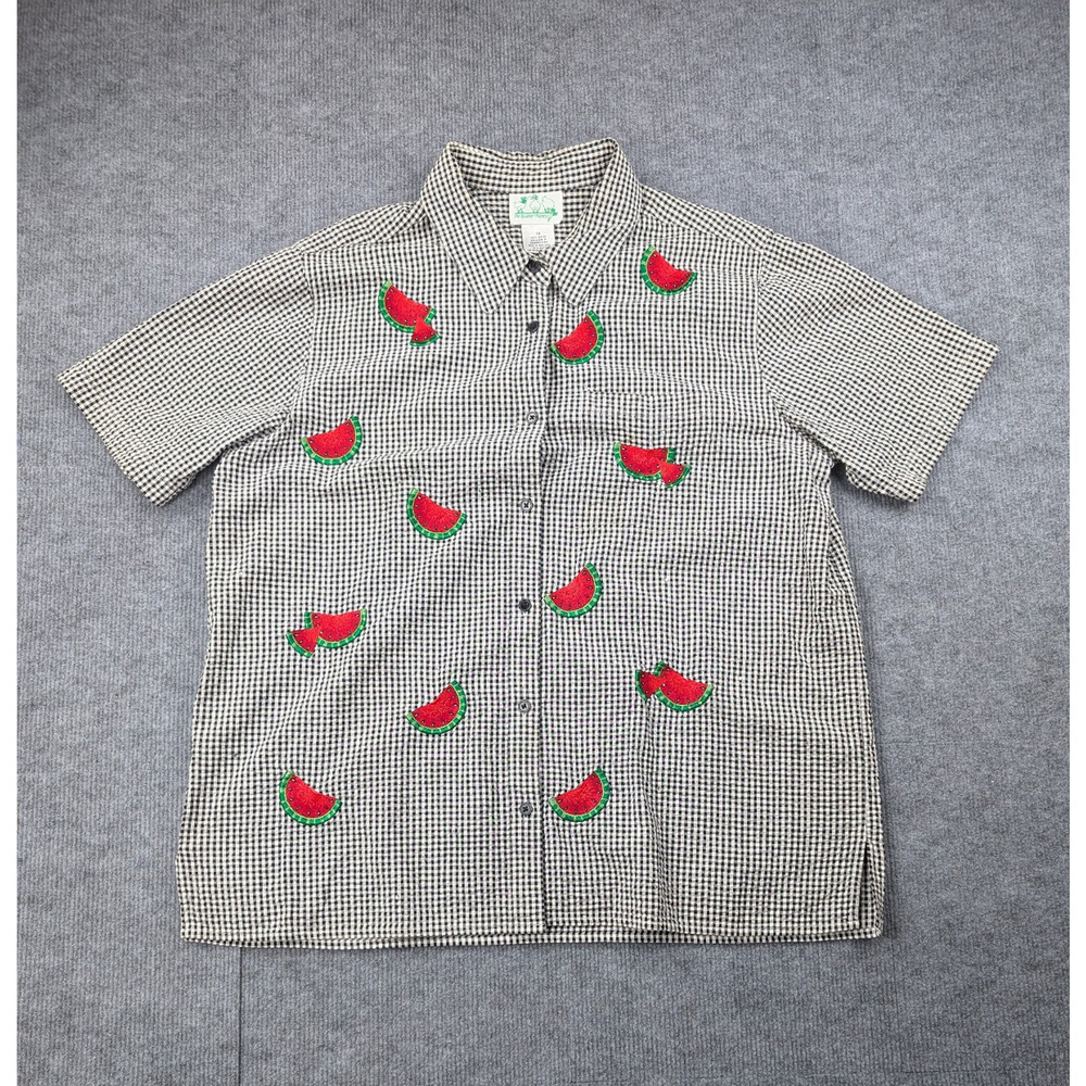 Quacker Factory Button Up Womens 1X Gingham Plaid Watermelon Novelty Shirt Plaid